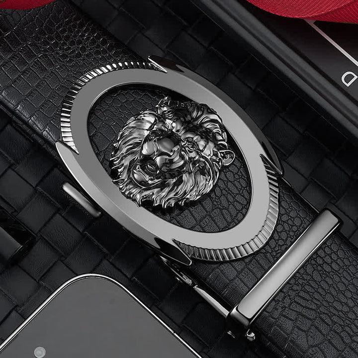 Cinturón de cuero con hebilla automática hueca para hombre con diseño de león