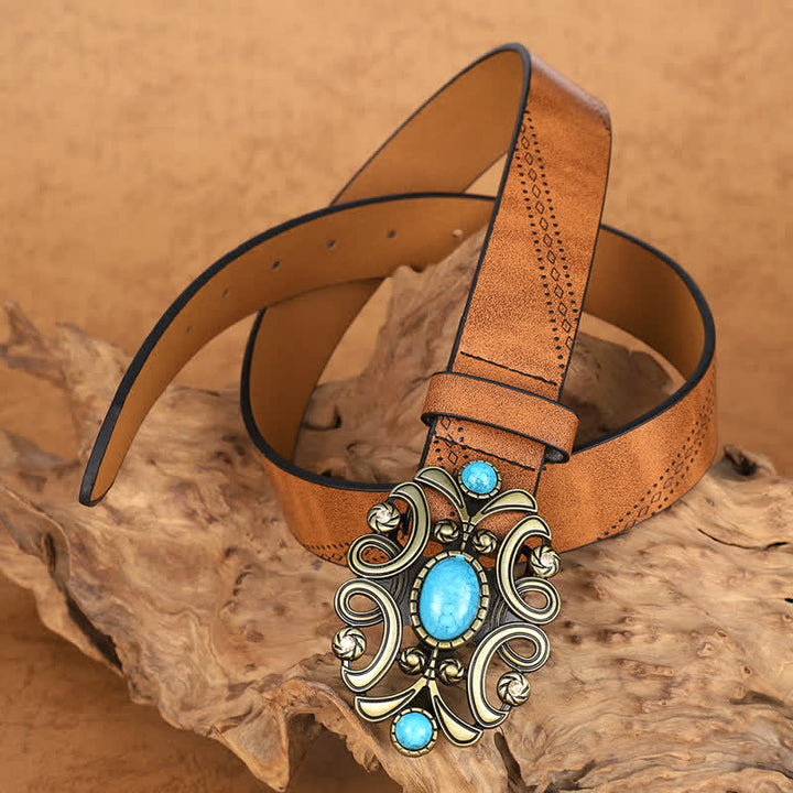 Cinturón de cuero con hebilla floral y piedra turquesa bohemia para mujer