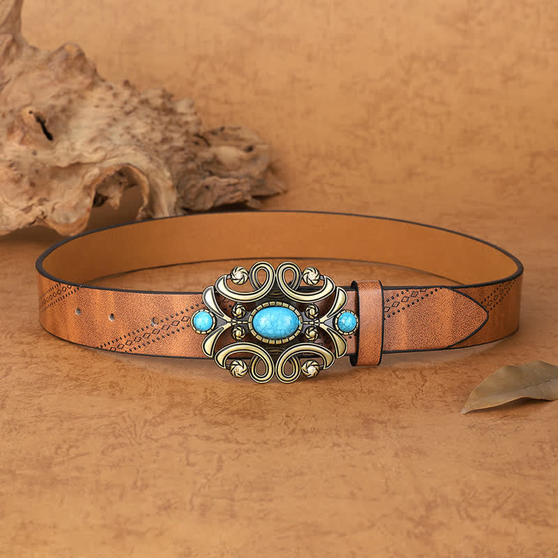 Cinturón de cuero con hebilla floral y piedra turquesa bohemia para mujer