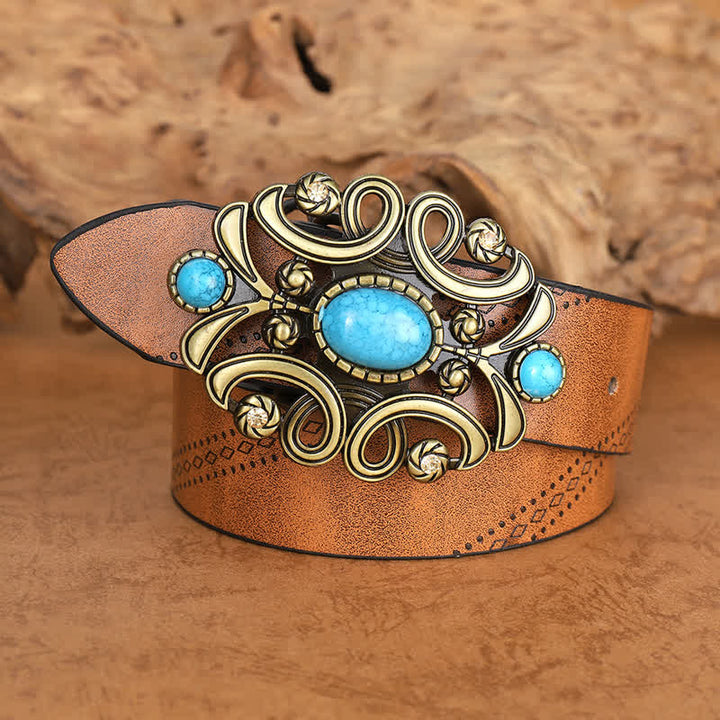 Cinturón de cuero con hebilla floral y piedra turquesa bohemia para mujer