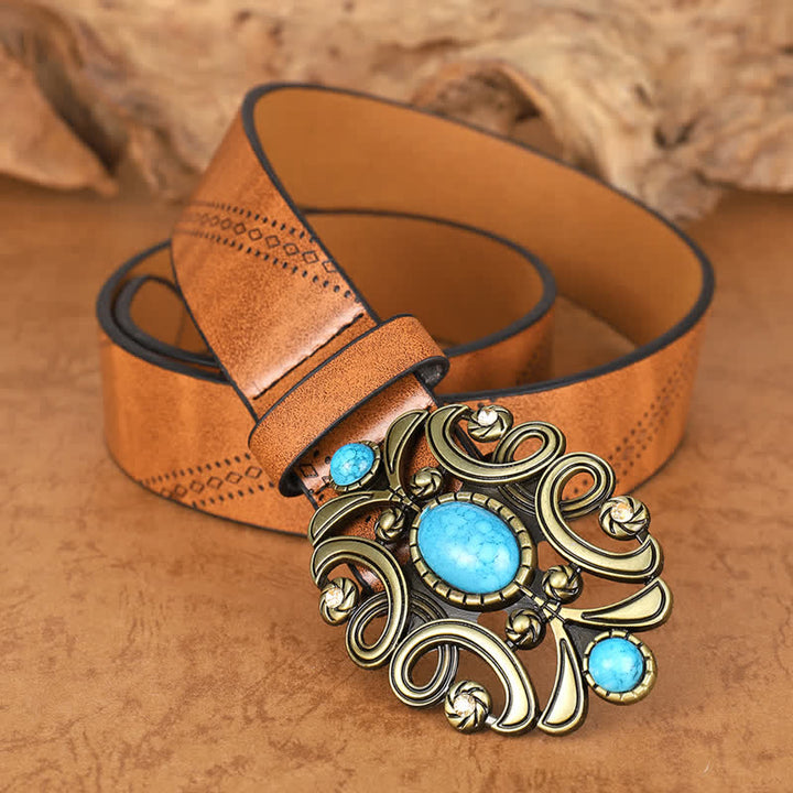 Cinturón de cuero con hebilla floral y piedra turquesa bohemia para mujer