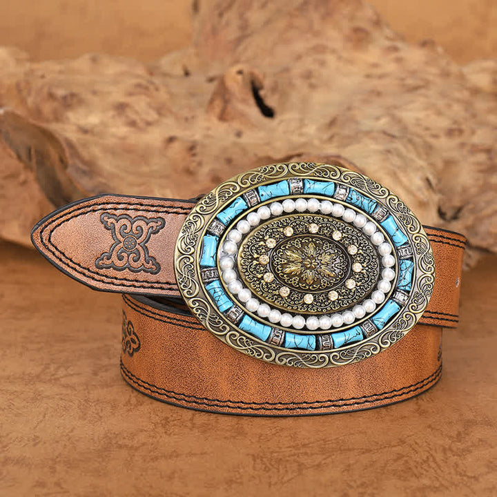 Cinturón de cuero con hebilla de medallón estilo bohemio con perla turquesa para mujer