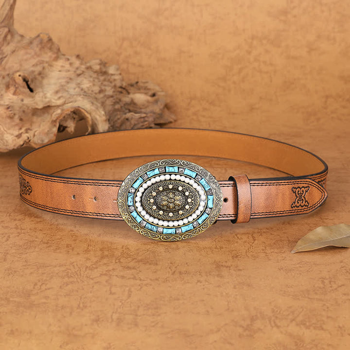 Cinturón de cuero con hebilla de medallón estilo bohemio con perla turquesa para mujer