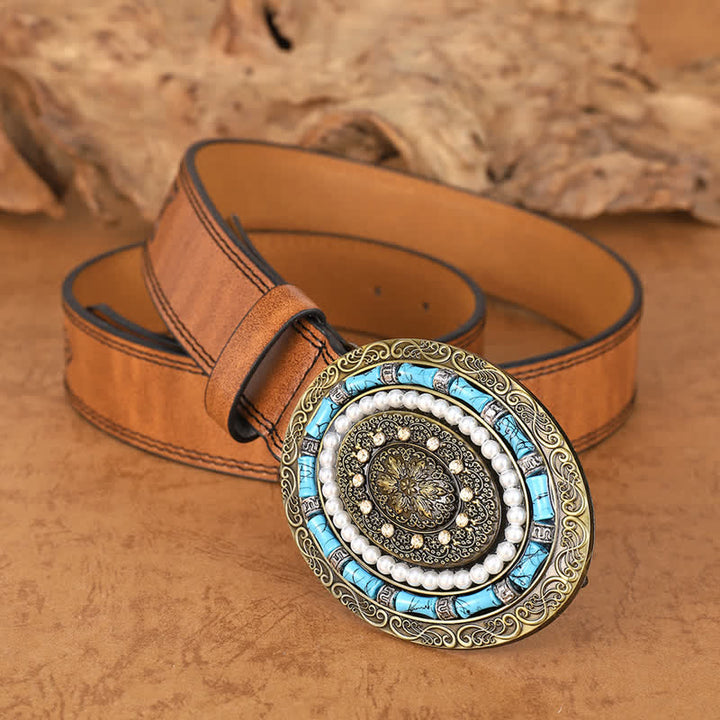 Cinturón de cuero con hebilla de medallón estilo bohemio con perla turquesa para mujer