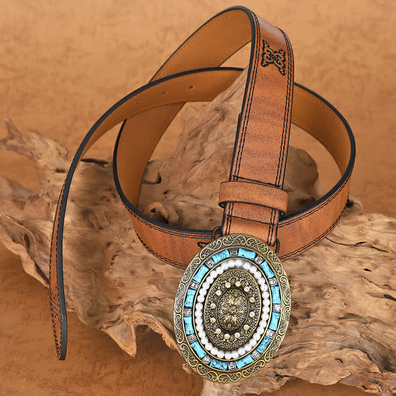 Cinturón de cuero con hebilla de medallón estilo bohemio con perla turquesa para mujer
