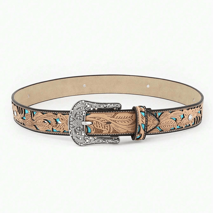 Cinturón de piel de camello con diamantes de imitación y flores en relieve para mujer