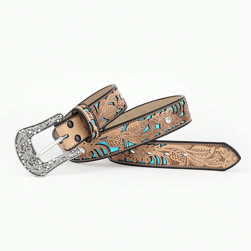 Cinturón de piel de camello con diamantes de imitación y flores en relieve para mujer