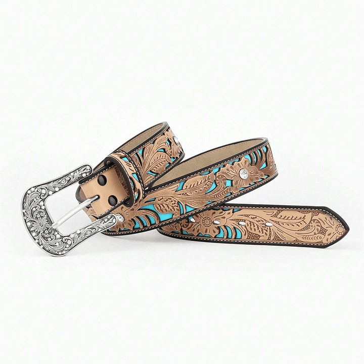Cinturón de piel de camello con diamantes de imitación y flores en relieve para mujer