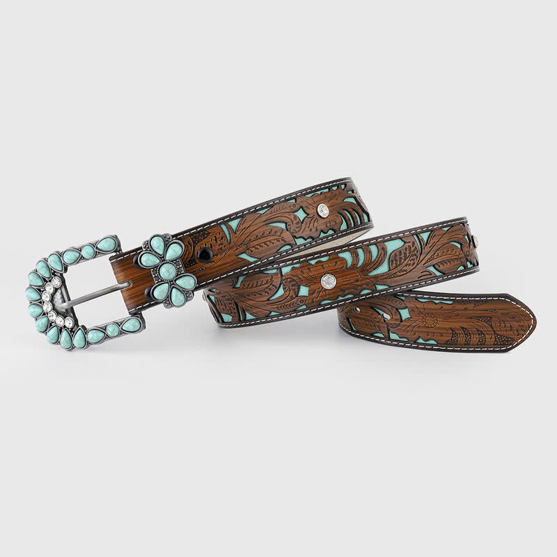 Cinturón de cuero estilo western con flores en relieve color turquesa para mujer