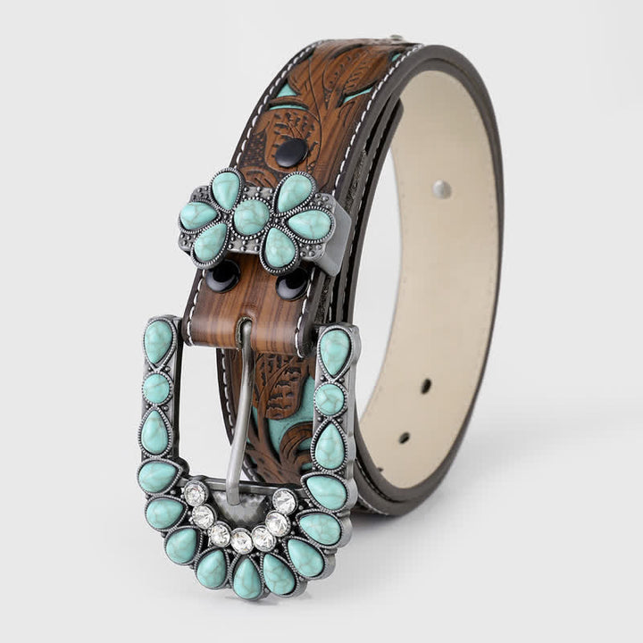 Cinturón de cuero estilo western con flores en relieve color turquesa para mujer