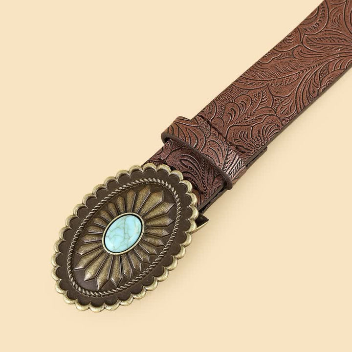 Cinturón de cuero marrón con diseño bohemio de girasoles turquesas para mujer