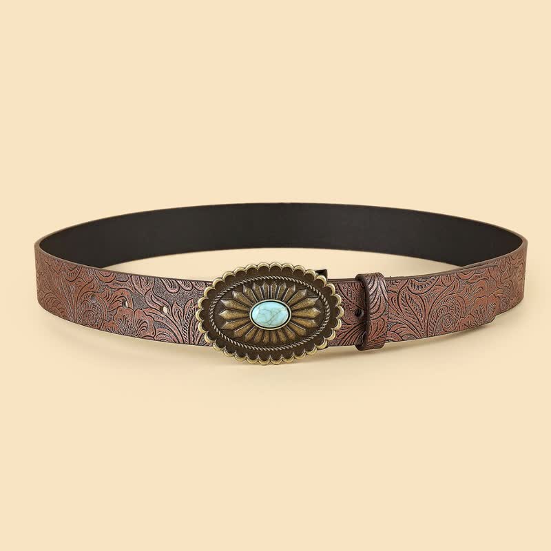 Cinturón de cuero marrón con diseño bohemio de girasoles turquesas para mujer