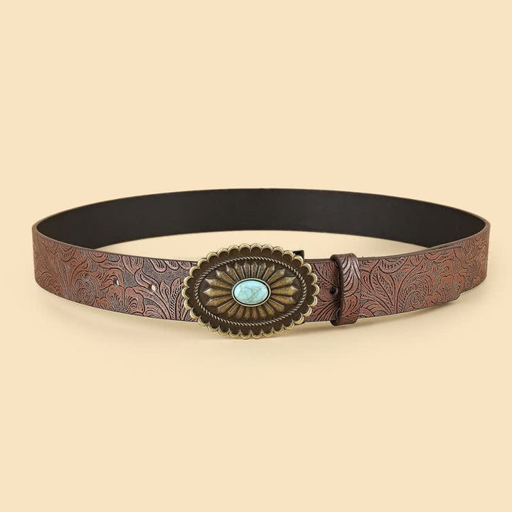 Cinturón de cuero marrón con diseño bohemio de girasoles turquesas para mujer