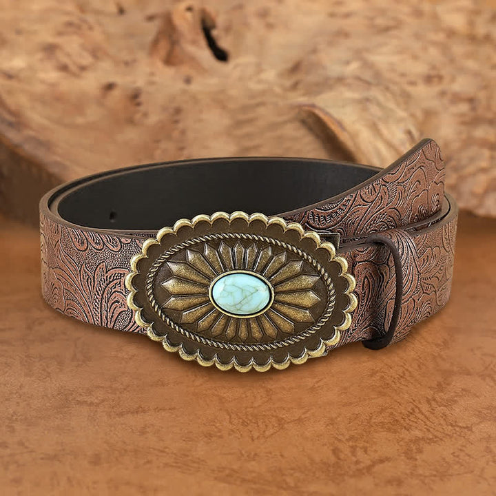 Cinturón de cuero marrón con diseño bohemio de girasoles turquesas para mujer