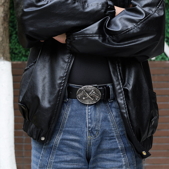 Cinturón de cuero con cuchillo plegable oculto de doble pistola para hombre