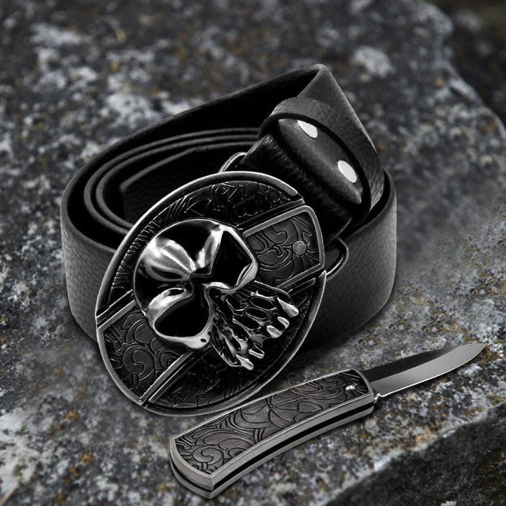 Cinturón de cuero con calavera para hombre y navaja plegable