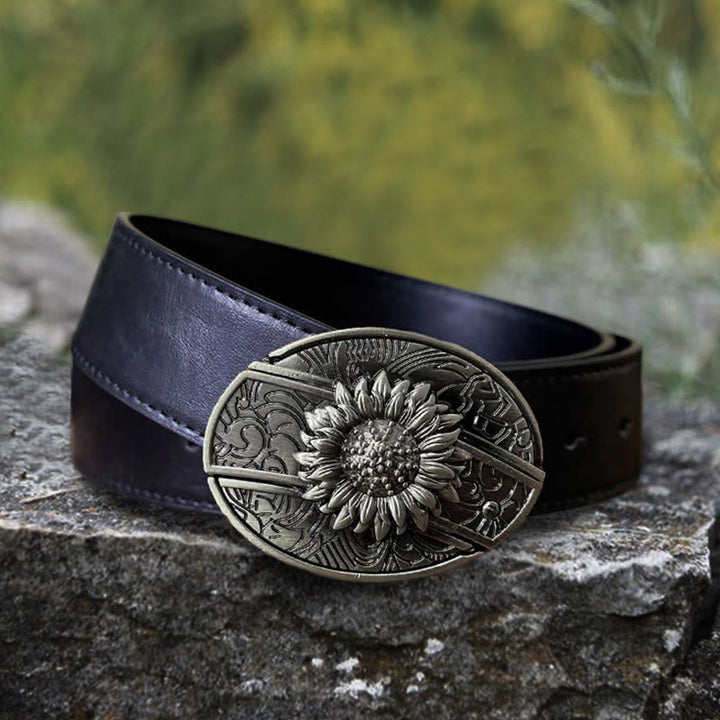 Cinturón de cuero con cuchillo plegable oculto de girasol para hombre