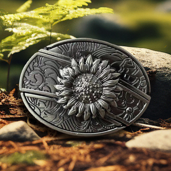 Cinturón de cuero con cuchillo plegable oculto de girasol para hombre