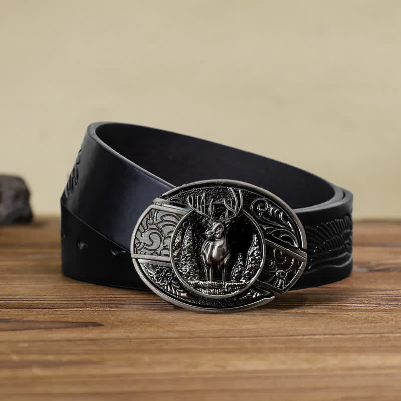 Cinturón de cuero con cuchillo plegable oculto con diseño de ciervo del bosque para hombre