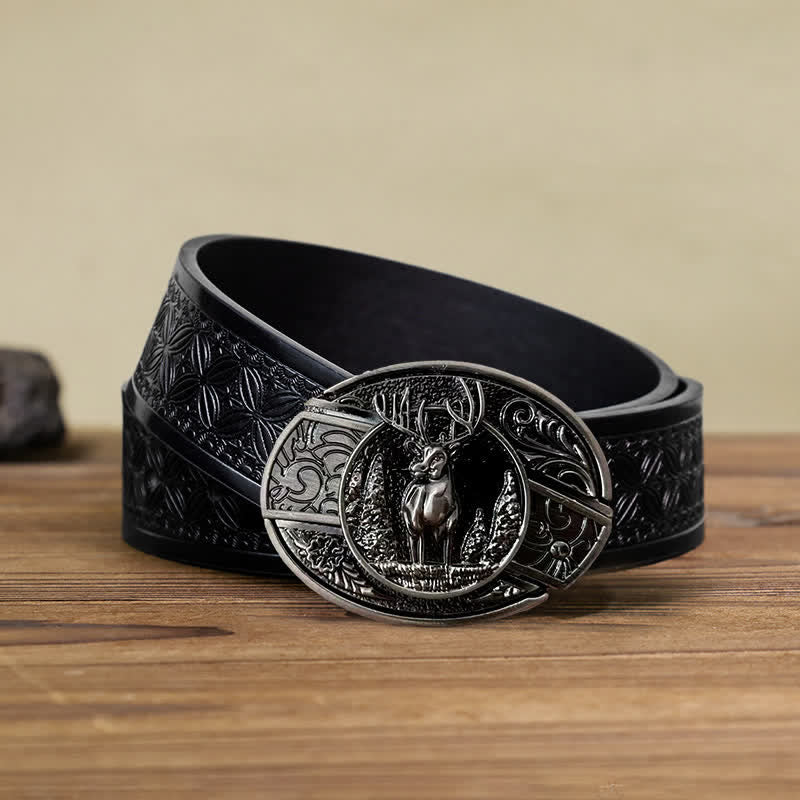 Cinturón de cuero con cuchillo plegable oculto con diseño de ciervo del bosque para hombre