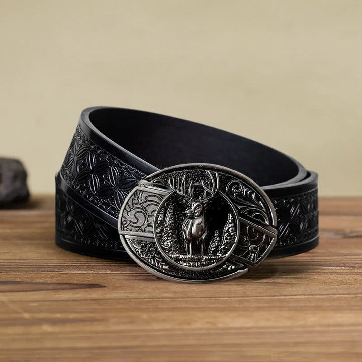 Cinturón de cuero con cuchillo plegable oculto con diseño de ciervo del bosque para hombre