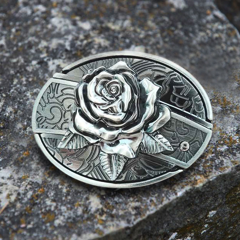 Cinturón de cuero con cuchillo plegable oculto estilo Western Rose para hombre, hecho a mano