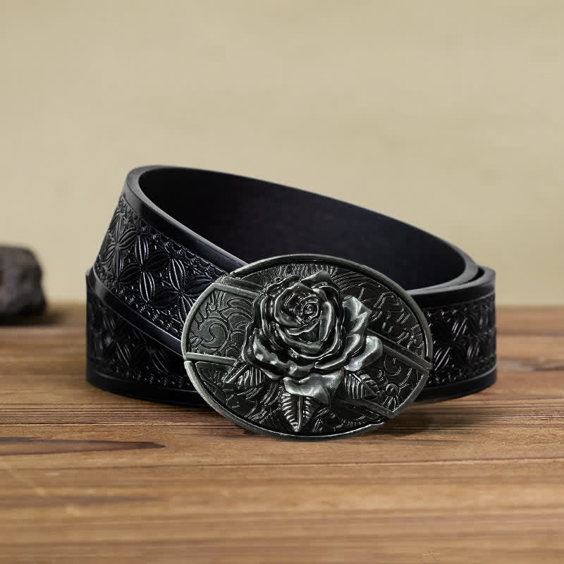 Cinturón de cuero con cuchillo plegable oculto estilo Western Rose para hombre, hecho a mano