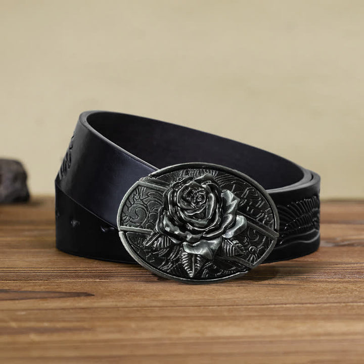 Cinturón de cuero con cuchillo plegable oculto estilo Western Rose para hombre, hecho a mano