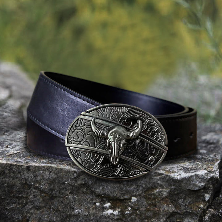 Cinturón de cuero con cuchillo plegable oculto de toro Longhorn para hombre