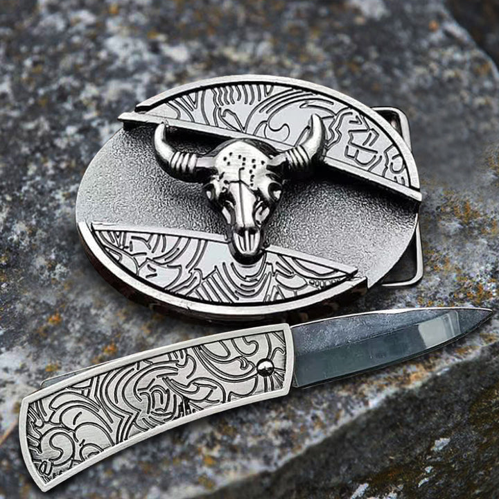 Cinturón de cuero con cuchillo plegable oculto de toro Longhorn para hombre