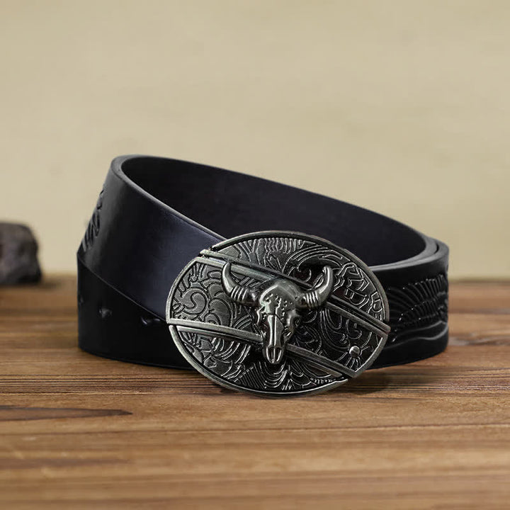 Cinturón de cuero con cuchillo plegable oculto de toro Longhorn para hombre
