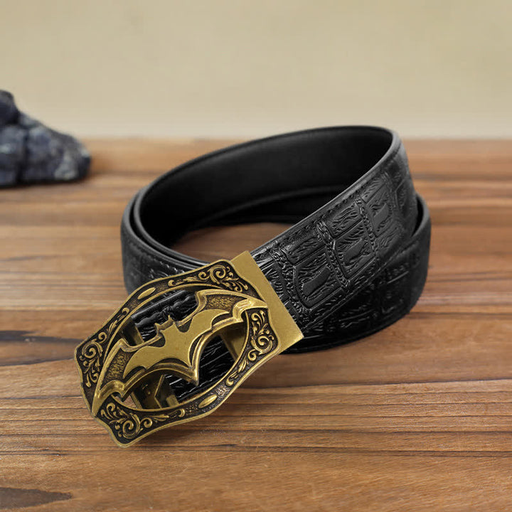 Cinturón de cuero con hebilla automática de murciélago de bronce para hombre