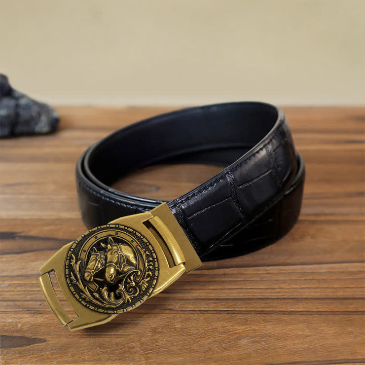 Cinturón de cuero con hebilla automática y diseño de cabeza de caballo doble para hombre