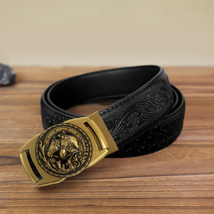 Cinturón de cuero con hebilla automática y diseño de cabeza de caballo doble para hombre