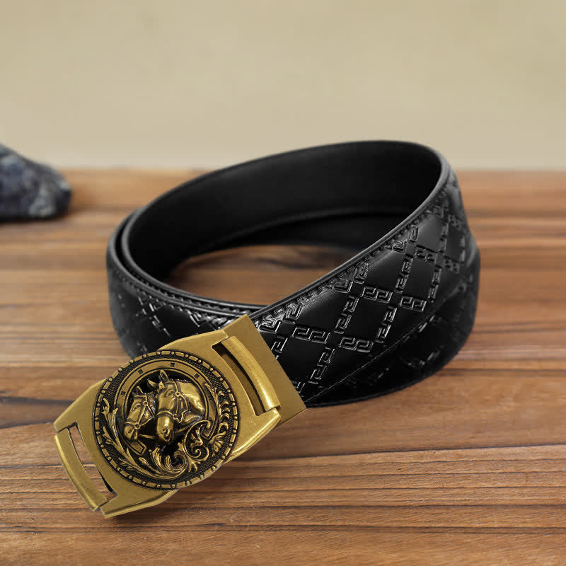 Cinturón de cuero con hebilla automática y diseño de cabeza de caballo doble para hombre