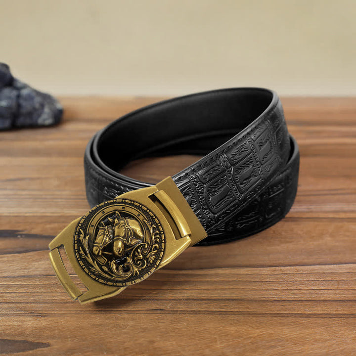 Cinturón de cuero con hebilla automática y diseño de cabeza de caballo doble para hombre