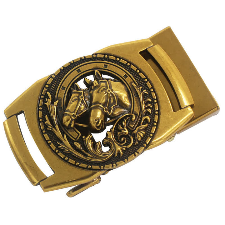 Cinturón de cuero con hebilla automática y diseño de cabeza de caballo doble para hombre