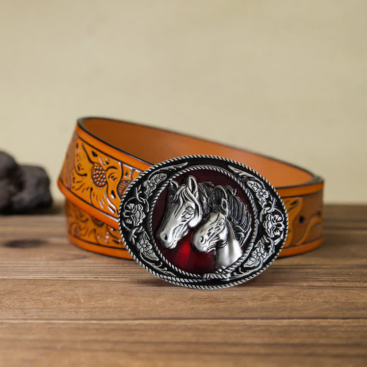 Cinturón de cuero con hebilla esmaltada de caballo y potro para hombre, hecho a mano