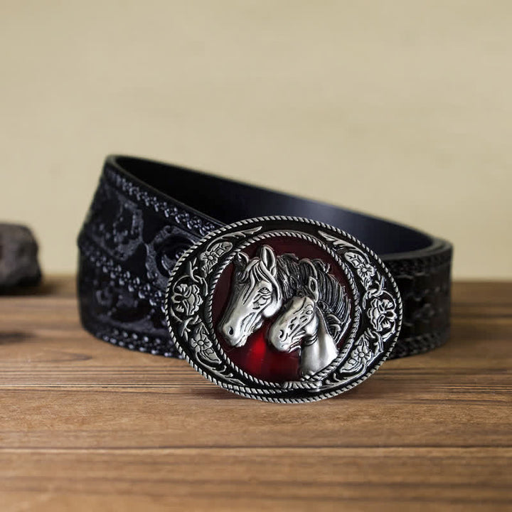 Cinturón de cuero con hebilla esmaltada de caballo y potro para hombre, hecho a mano