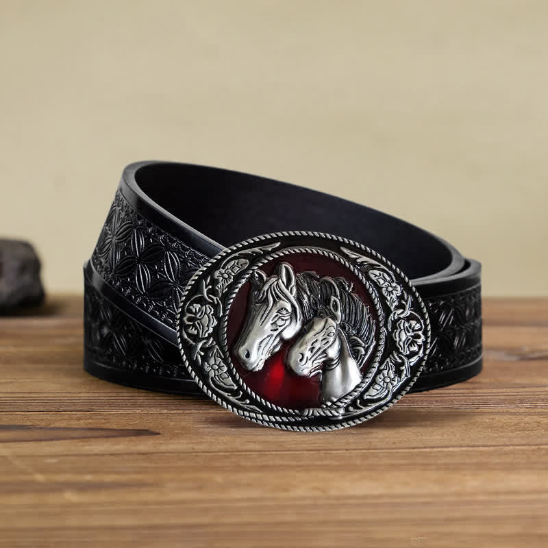 Cinturón de cuero con hebilla esmaltada de caballo y potro para hombre, hecho a mano