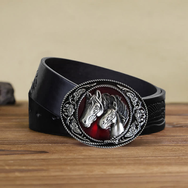 Cinturón de cuero con hebilla esmaltada de caballo y potro para hombre, hecho a mano
