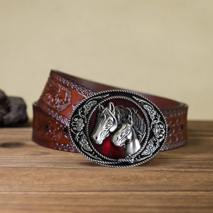 Cinturón de cuero con hebilla esmaltada de caballo y potro para hombre, hecho a mano