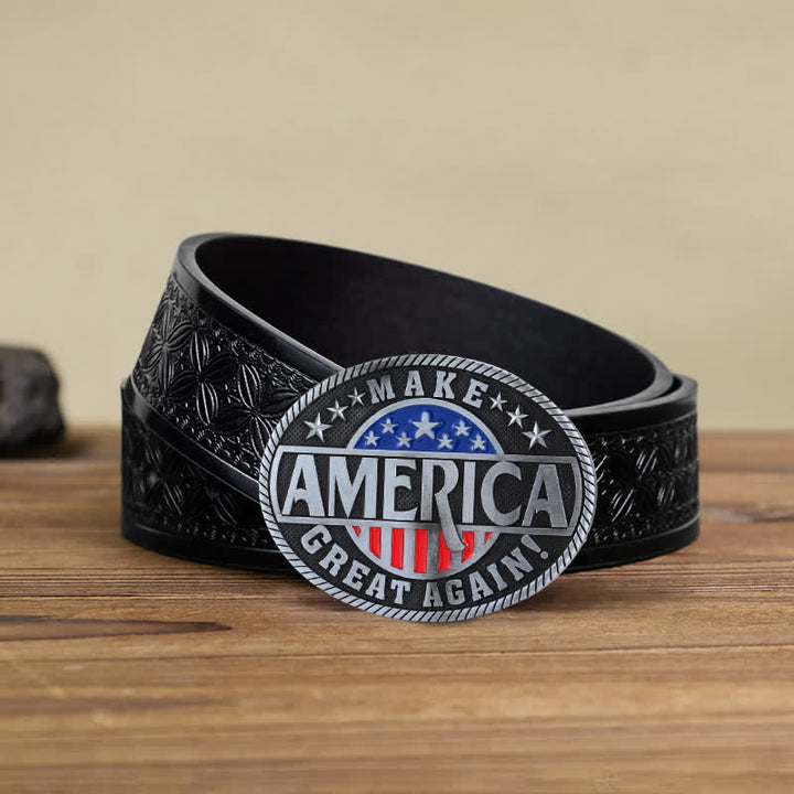 Cinturón de cuero con hebilla Make America Great Again para hombre, hecho a mano