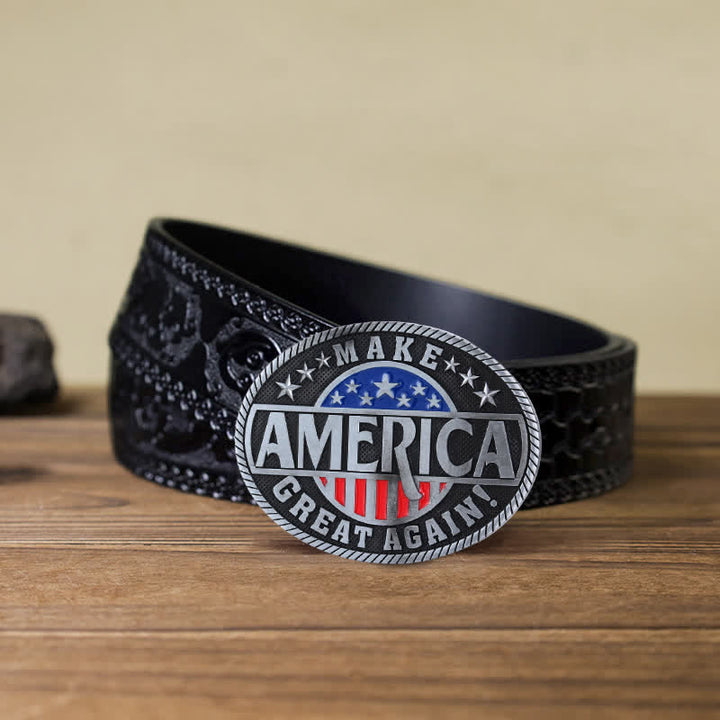 Cinturón de cuero con hebilla Make America Great Again para hombre, hecho a mano
