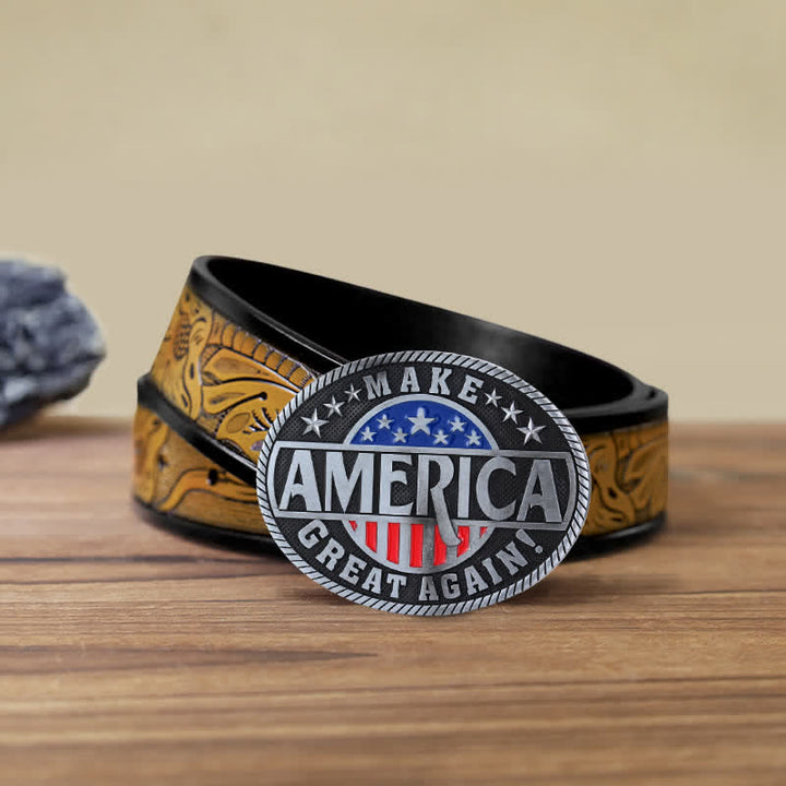 Cinturón de cuero con hebilla Make America Great Again para hombre, hecho a mano