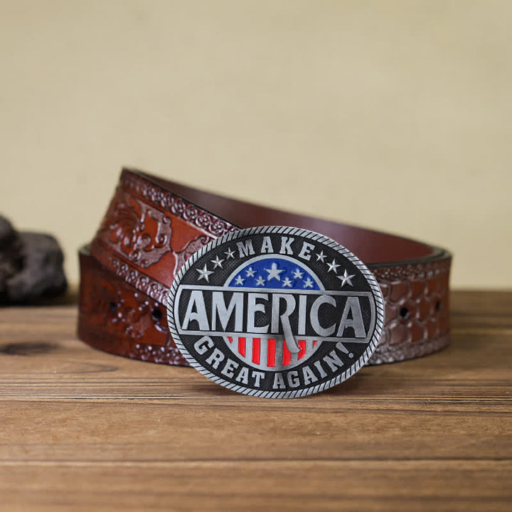 Cinturón de cuero con hebilla Make America Great Again para hombre, hecho a mano