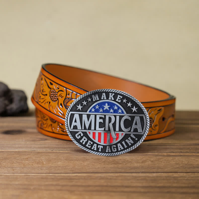Cinturón de cuero con hebilla Make America Great Again para hombre, hecho a mano