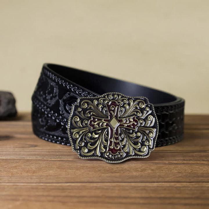 Cinturón de cuero con hebilla cruzada de esmalte rojo para hombre hecho a mano