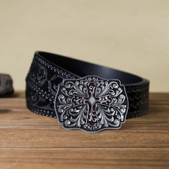 Cinturón de cuero con hebilla cruzada de esmalte rojo para hombre hecho a mano