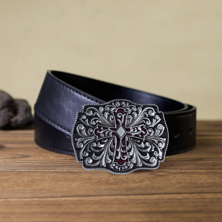 Cinturón de cuero con hebilla cruzada de esmalte rojo para hombre hecho a mano